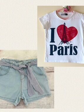 Zara Toddler Girls Denim Shorts with Tie Belt and “I Heart Paris” Tee, Size 3-4y